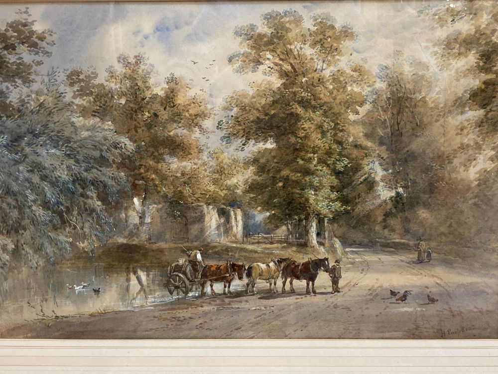 Henry Earp (1831-1914), country road with draft horses by a pond, figures, ducks and hens, 34cm x 52cm